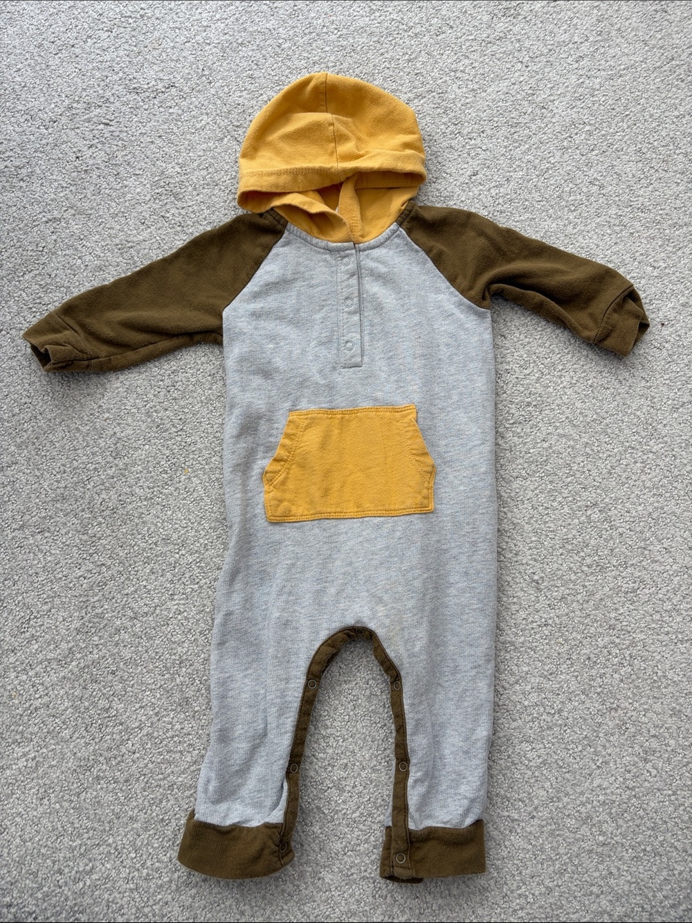 Tucker + Tate Mustard Hooded Baby Romper with Olive Trim